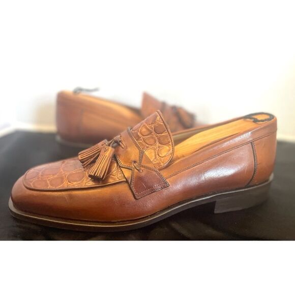 JOHNSTON & MURPHY BROWN LEATHER CROC  VAMP TASSEL LOAFERS MADE IN ITALY SZ 8 M - Picture 9 of 13